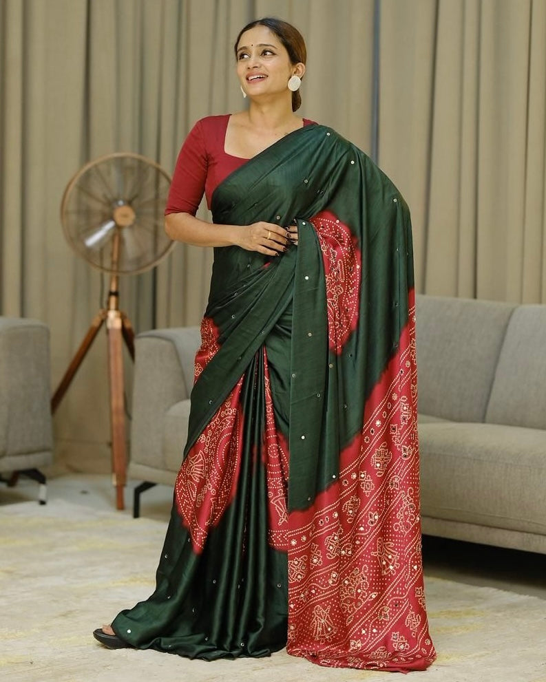 Women s forest green pure modal silk saree with rustic red folk art print traditional designer pallu