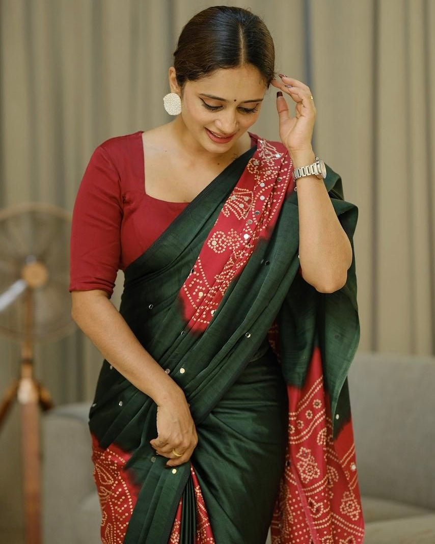 Women s forest green pure modal silk saree with rustic red folk art print traditional designer pallu