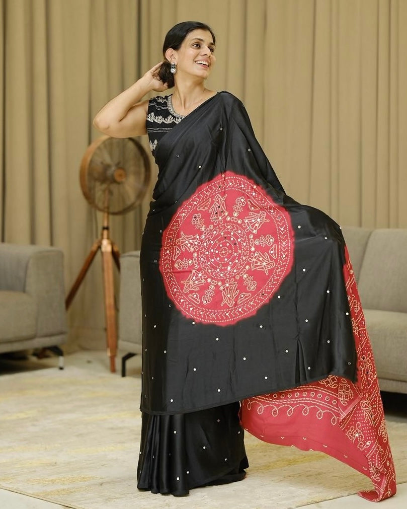 Women s elegant black crimson red pure modal silk saree with traditional folk mandala print designer pallu mameraa