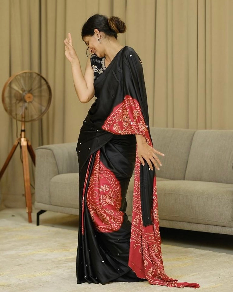 Women s elegant black crimson red pure modal silk saree with traditional folk mandala print designer pallu