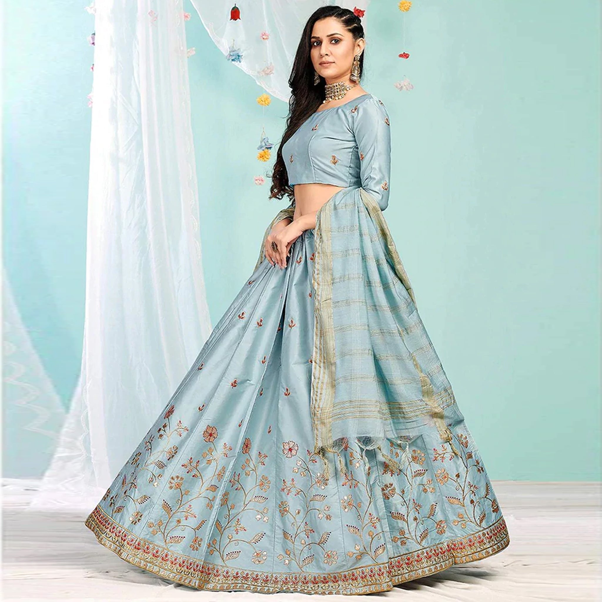 Cool Grey Gota Patti and Zari Stich Without can can work Lehenga choli