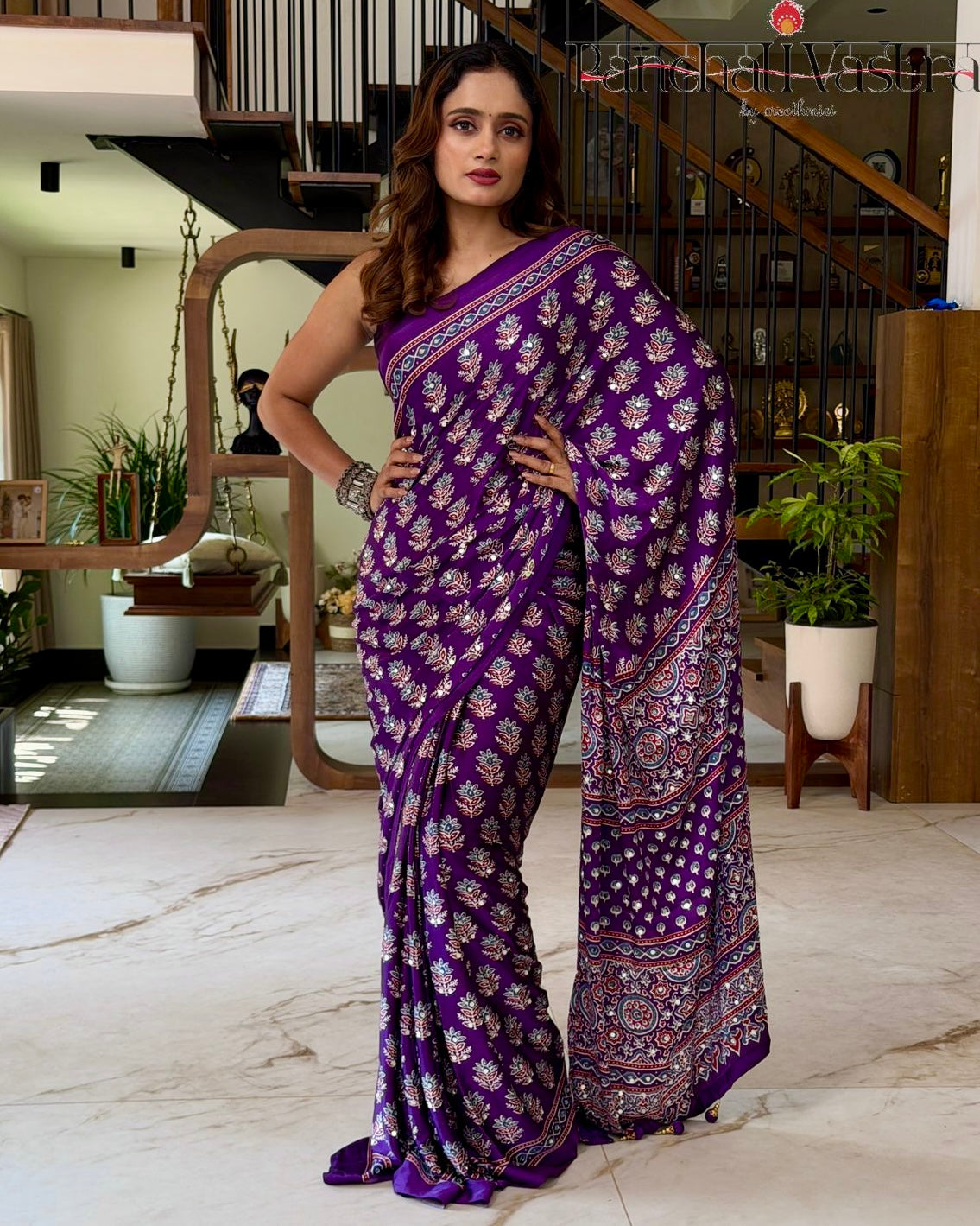 Royal purple pure modal silk saree with ajrakh inspired floral print heritage designer pallu mameraa