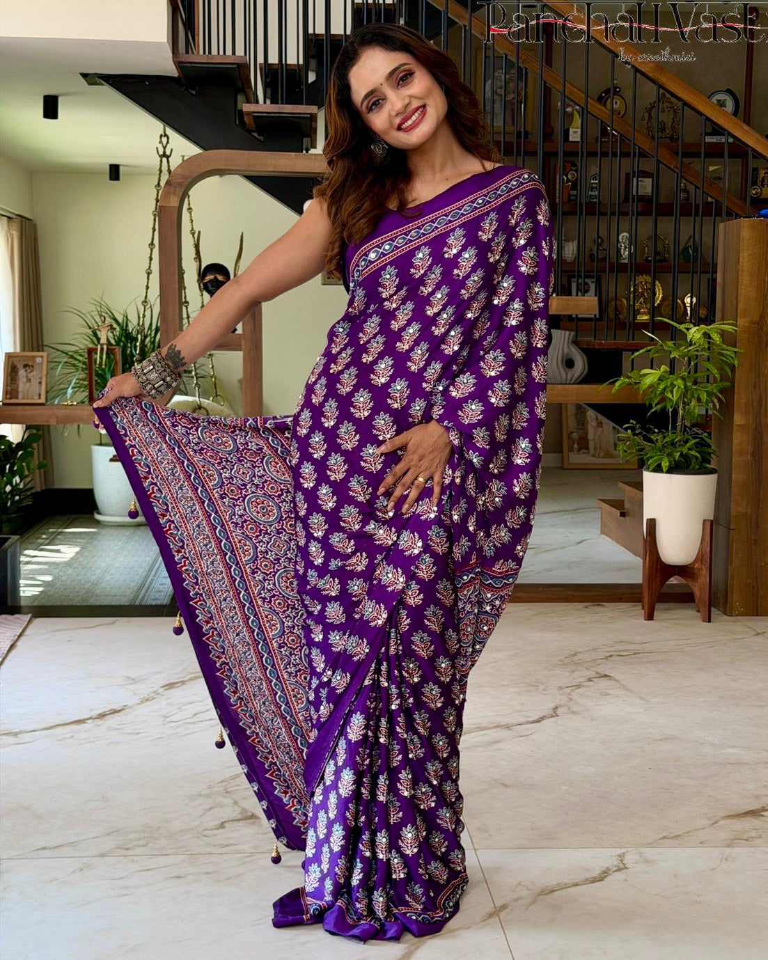 Royal purple pure modal silk saree with ajrakh inspired floral print heritage designer pallu