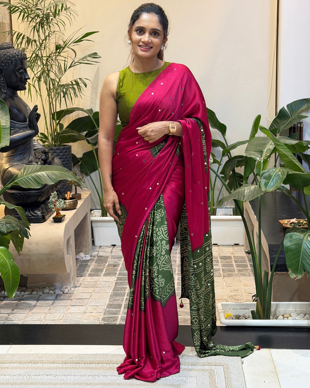 Women s rani pink pure modal silk saree with olive green folk art print traditional tribal designer pallu mameraa