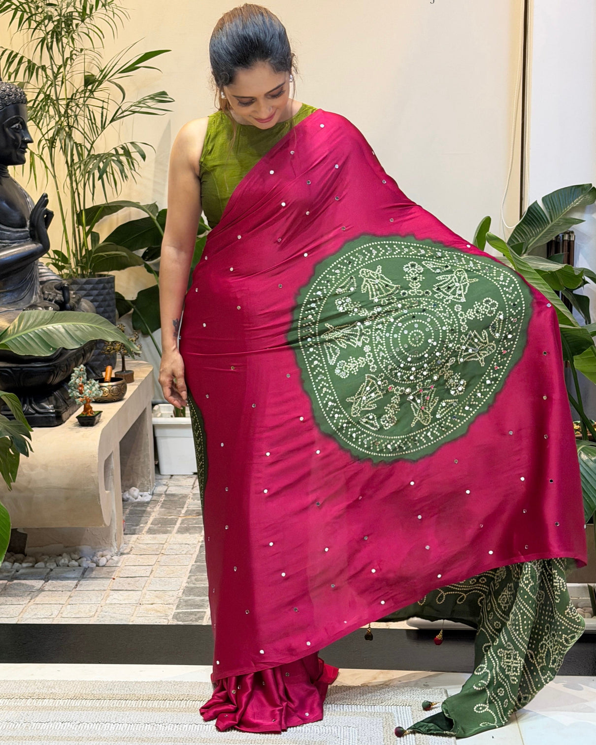 Women s rani pink pure modal silk saree with olive green folk art print traditional tribal designer pallu