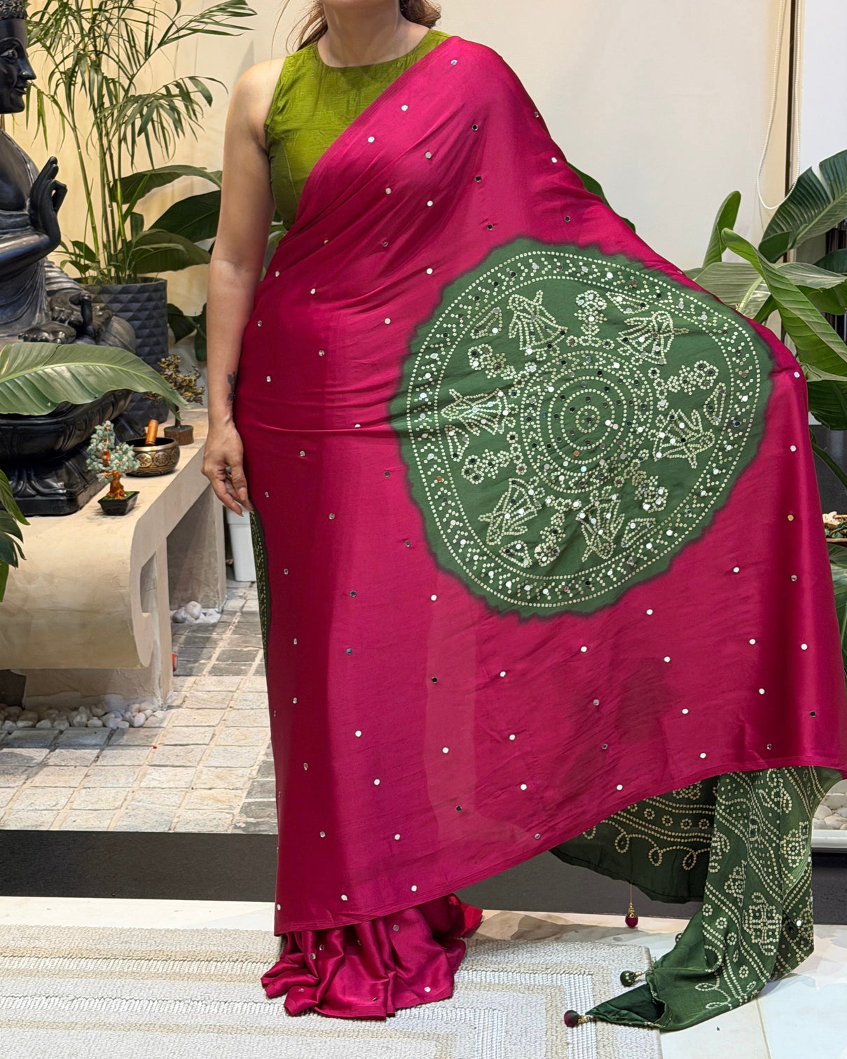 Women s rani pink pure modal silk saree with olive green folk art print traditional tribal designer pallu