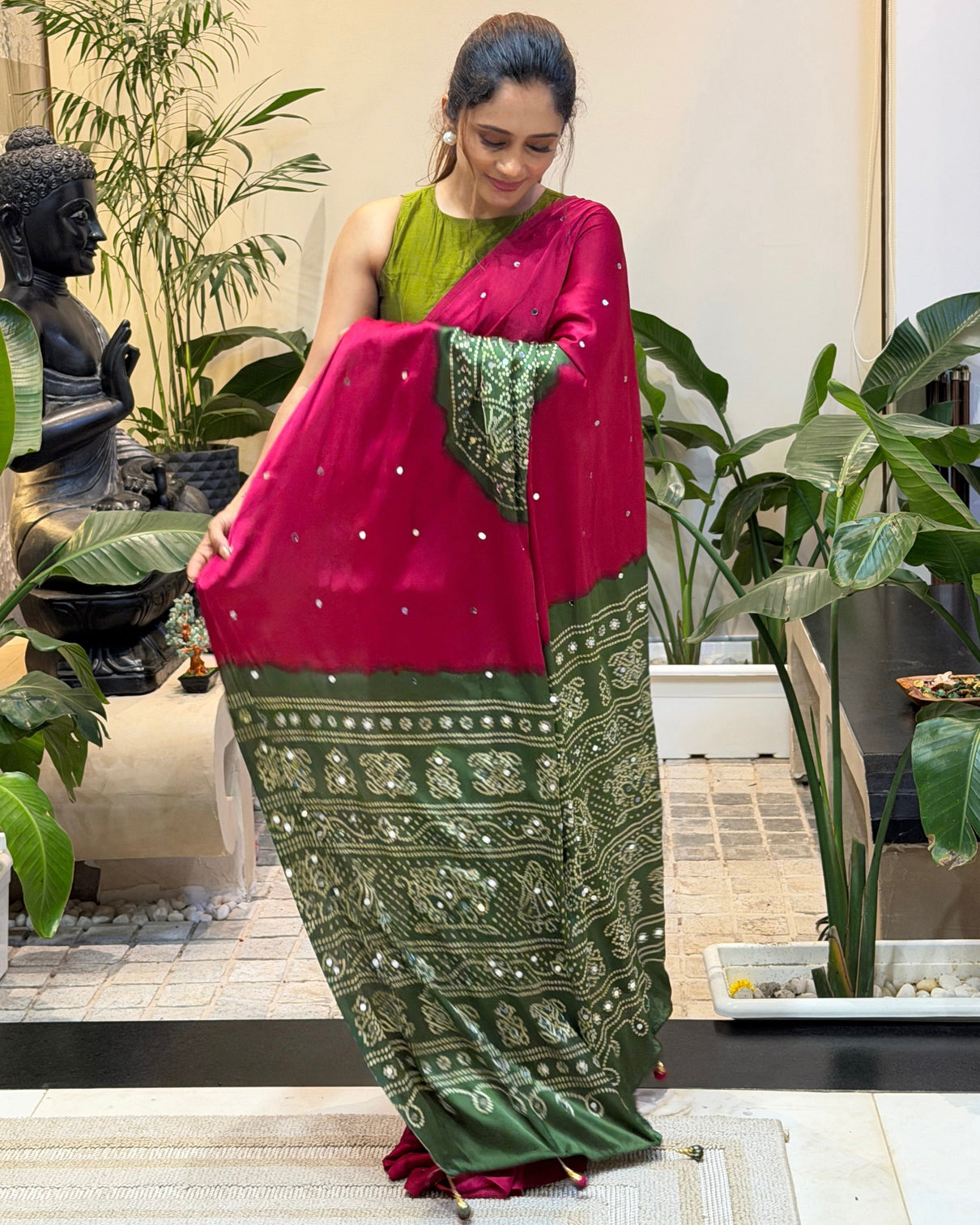 Women s rani pink pure modal silk saree with olive green folk art print traditional tribal designer pallu