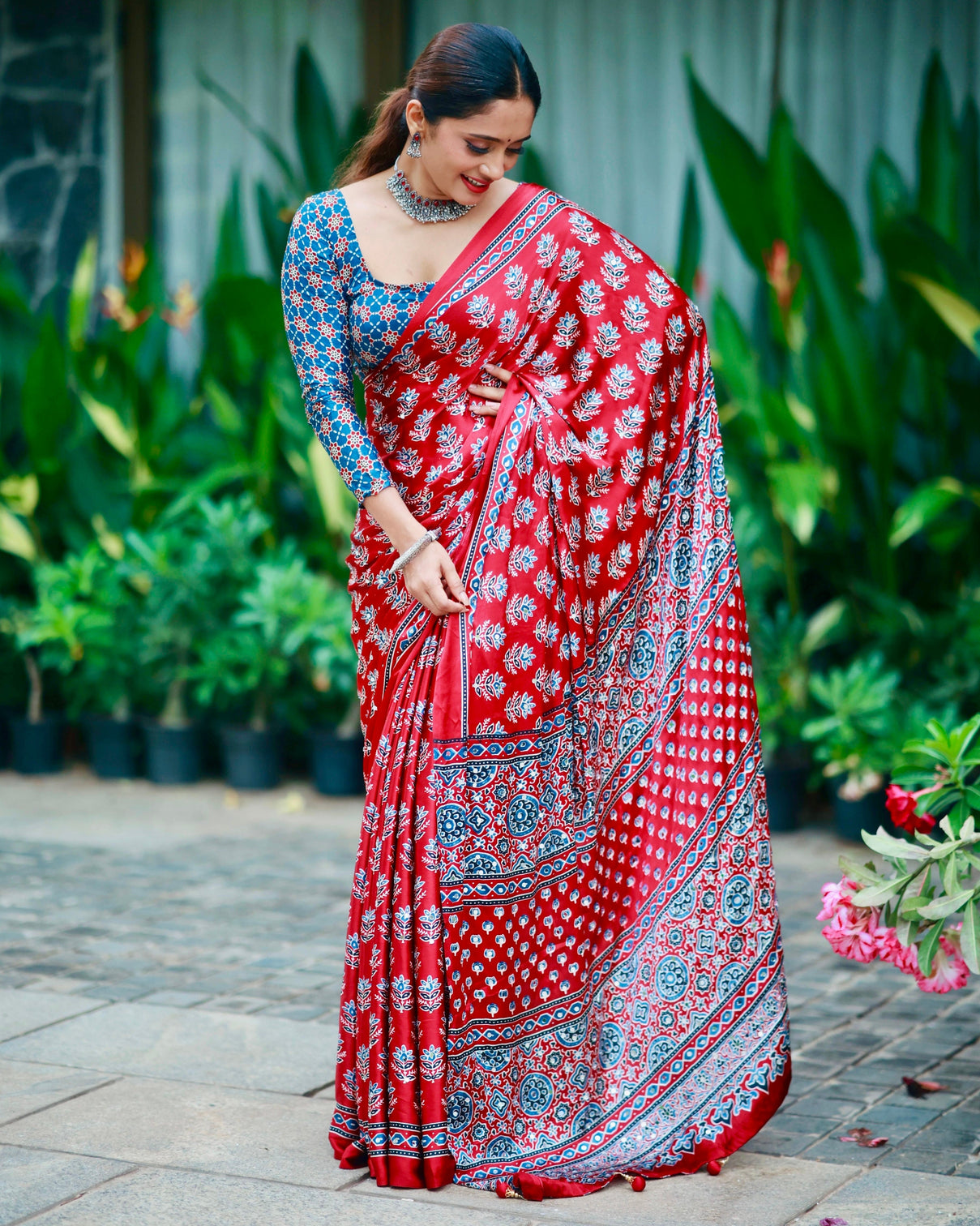 Scarlet red pure modal silk saree with ajrakh inspired floral print traditional heritage pallu