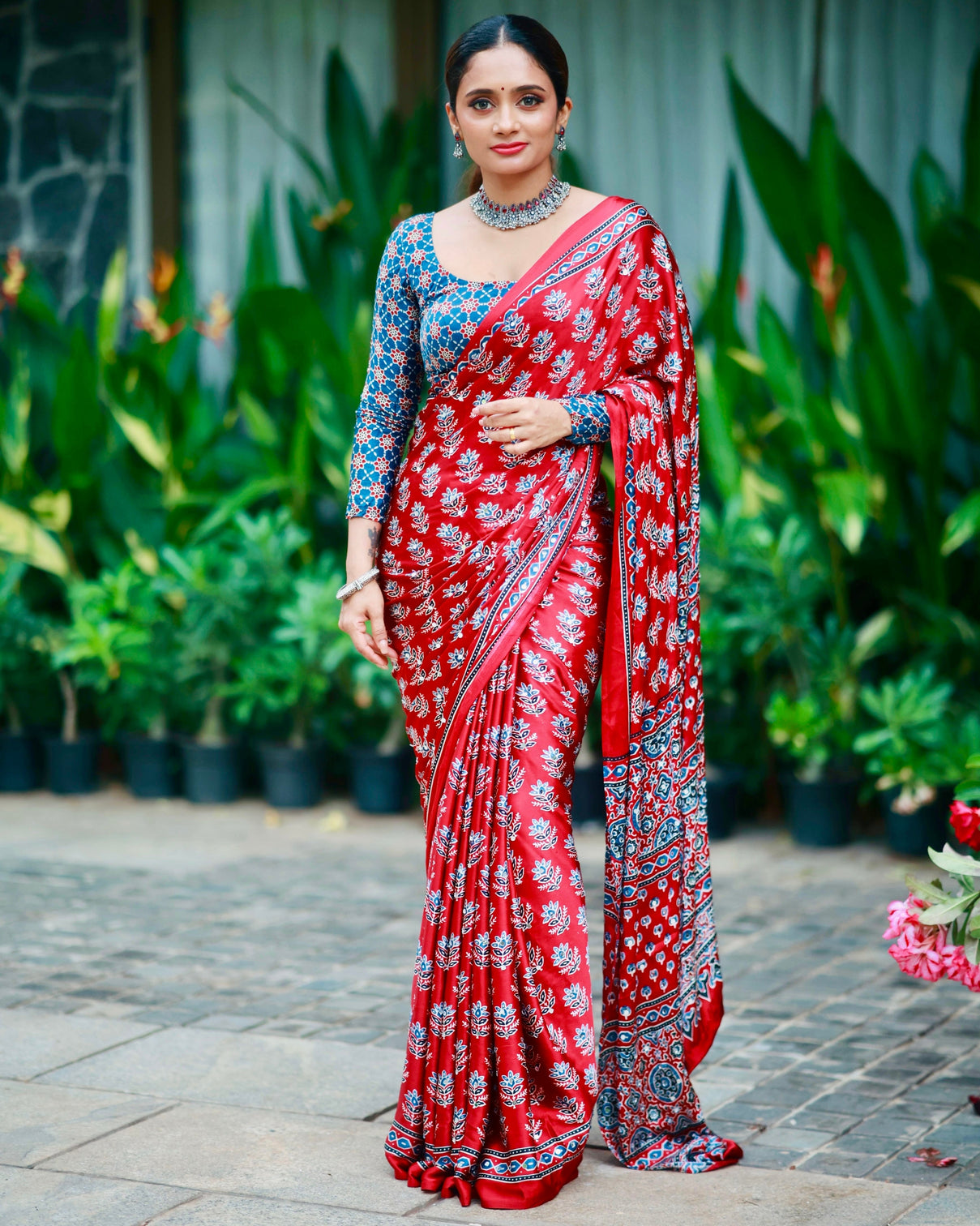 Scarlet red pure modal silk saree with ajrakh inspired floral print traditional heritage pallu mameraa
