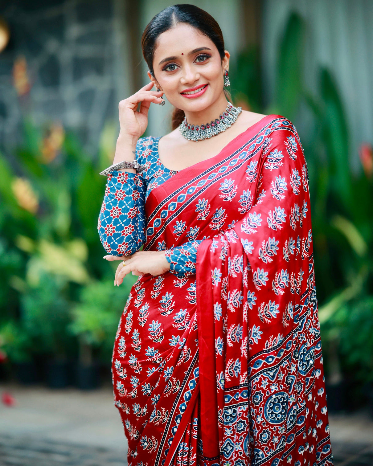 Scarlet red pure modal silk saree with ajrakh inspired floral print traditional heritage pallu