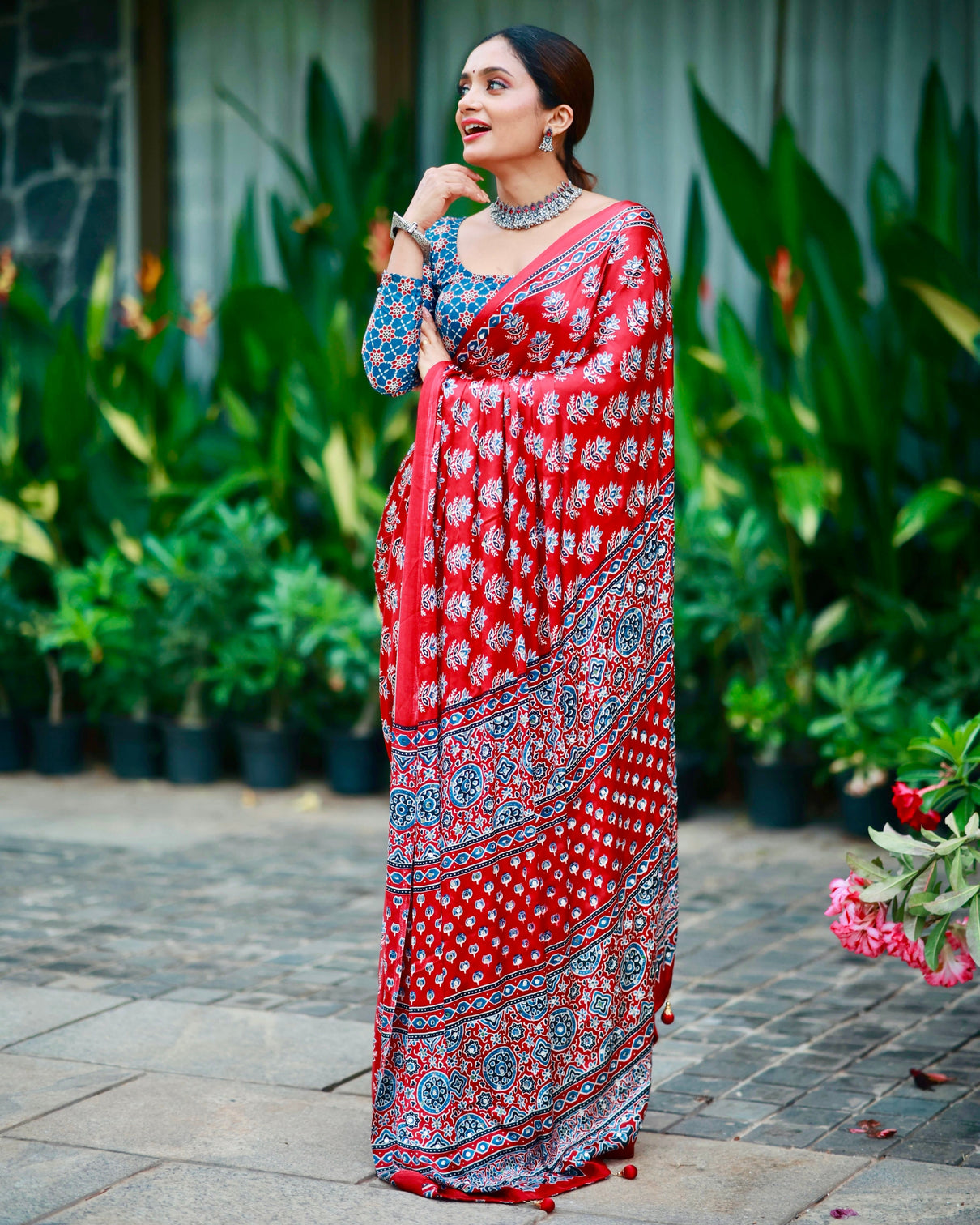 Scarlet red pure modal silk saree with ajrakh inspired floral print traditional heritage pallu