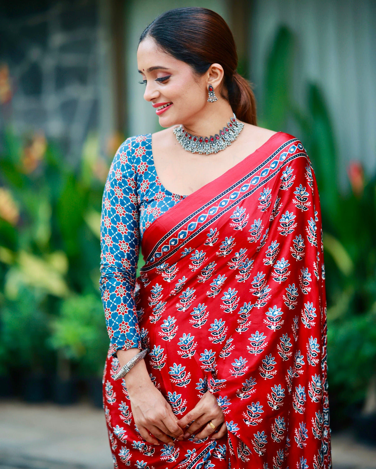 Scarlet red pure modal silk saree with ajrakh inspired floral print traditional heritage pallu