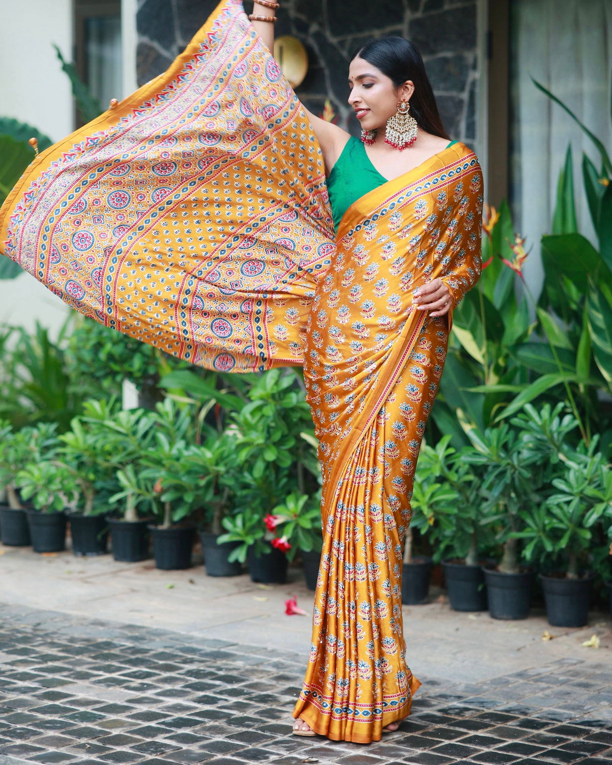 Mustard gold pure modal silk saree with ajrakh inspired floral print heritage designer pallu