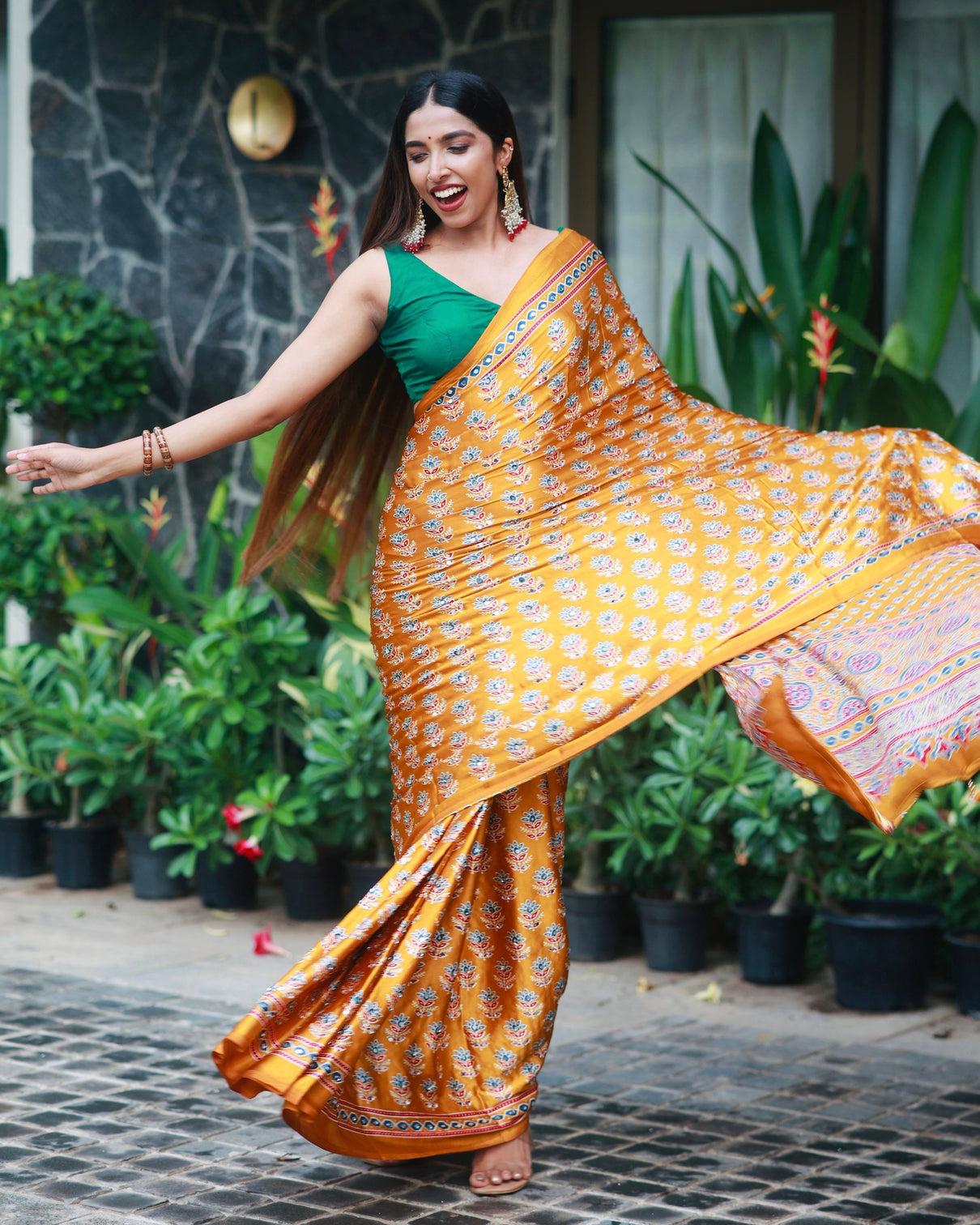 Mustard gold pure modal silk saree with ajrakh inspired floral print heritage designer pallu