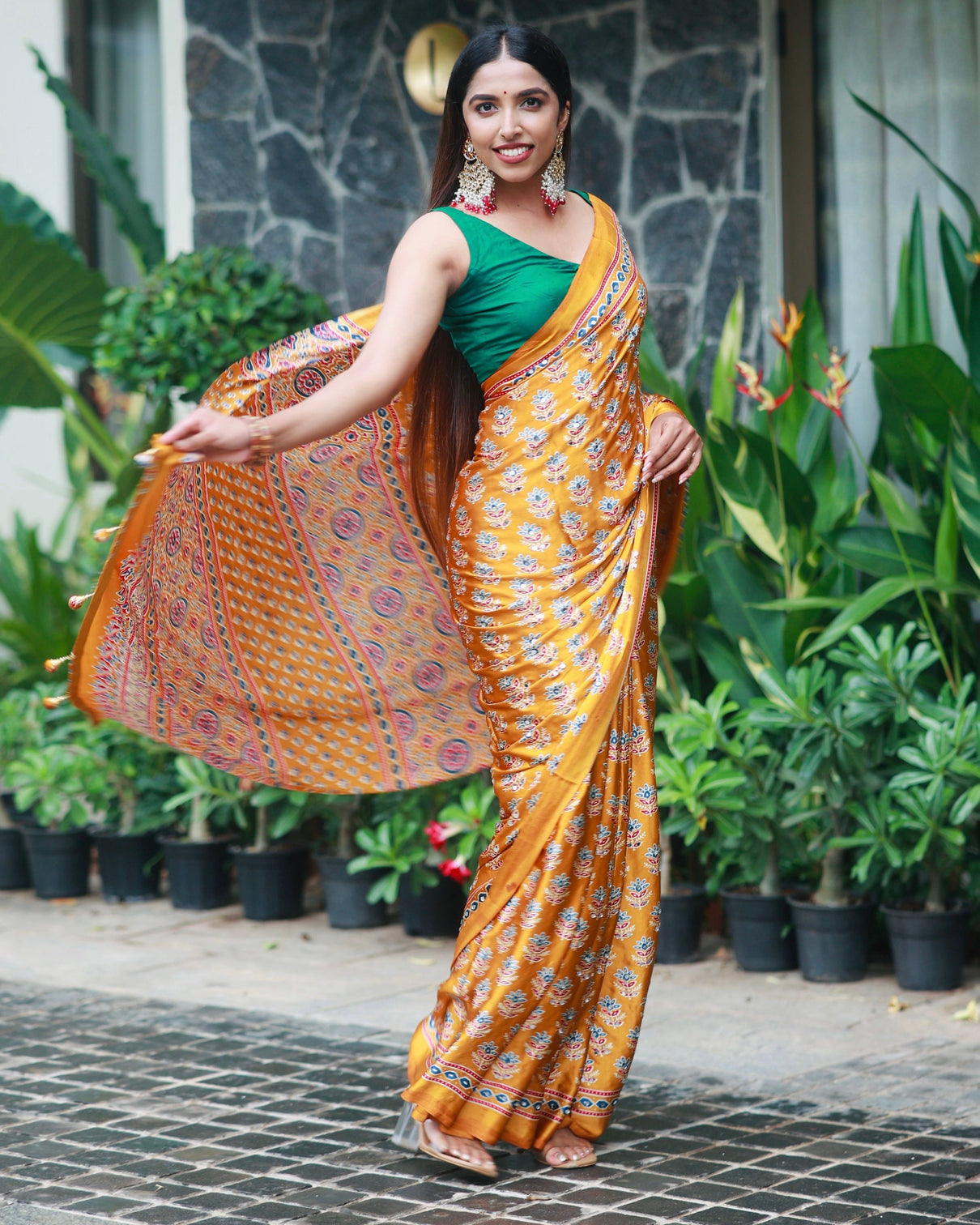 Mustard gold pure modal silk saree with ajrakh inspired floral print heritage designer pallu