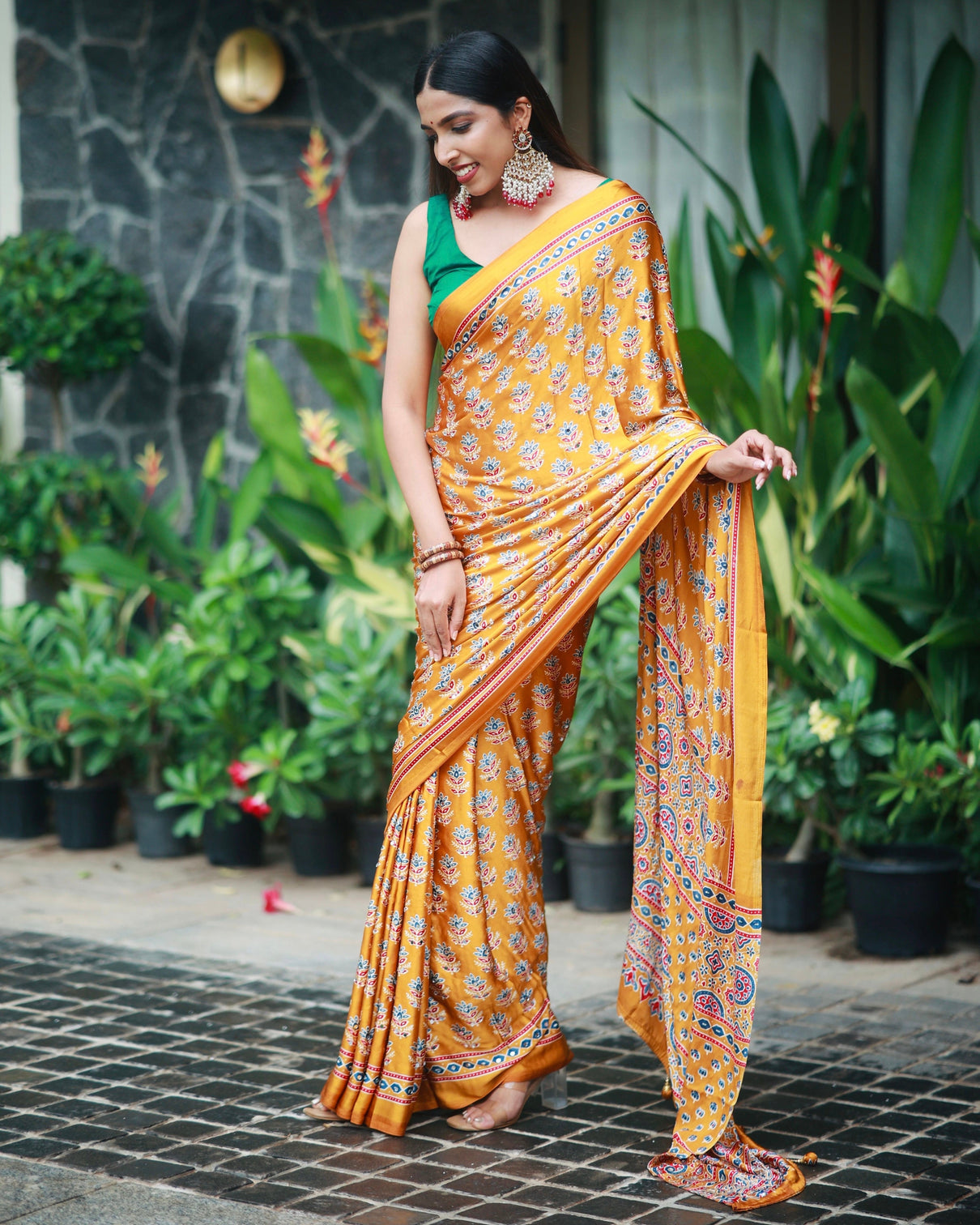 Mustard gold pure modal silk saree with ajrakh inspired floral print heritage designer pallu mameraa