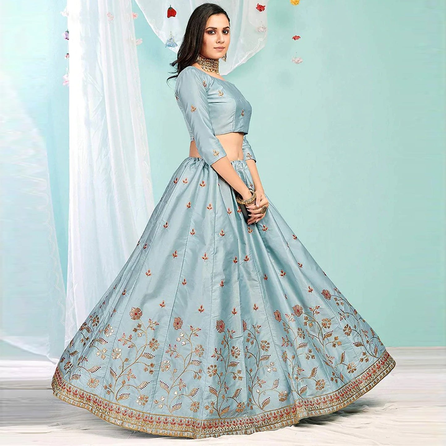 Cool Grey Gota Patti and Zari Stich Without can can work Lehenga choli