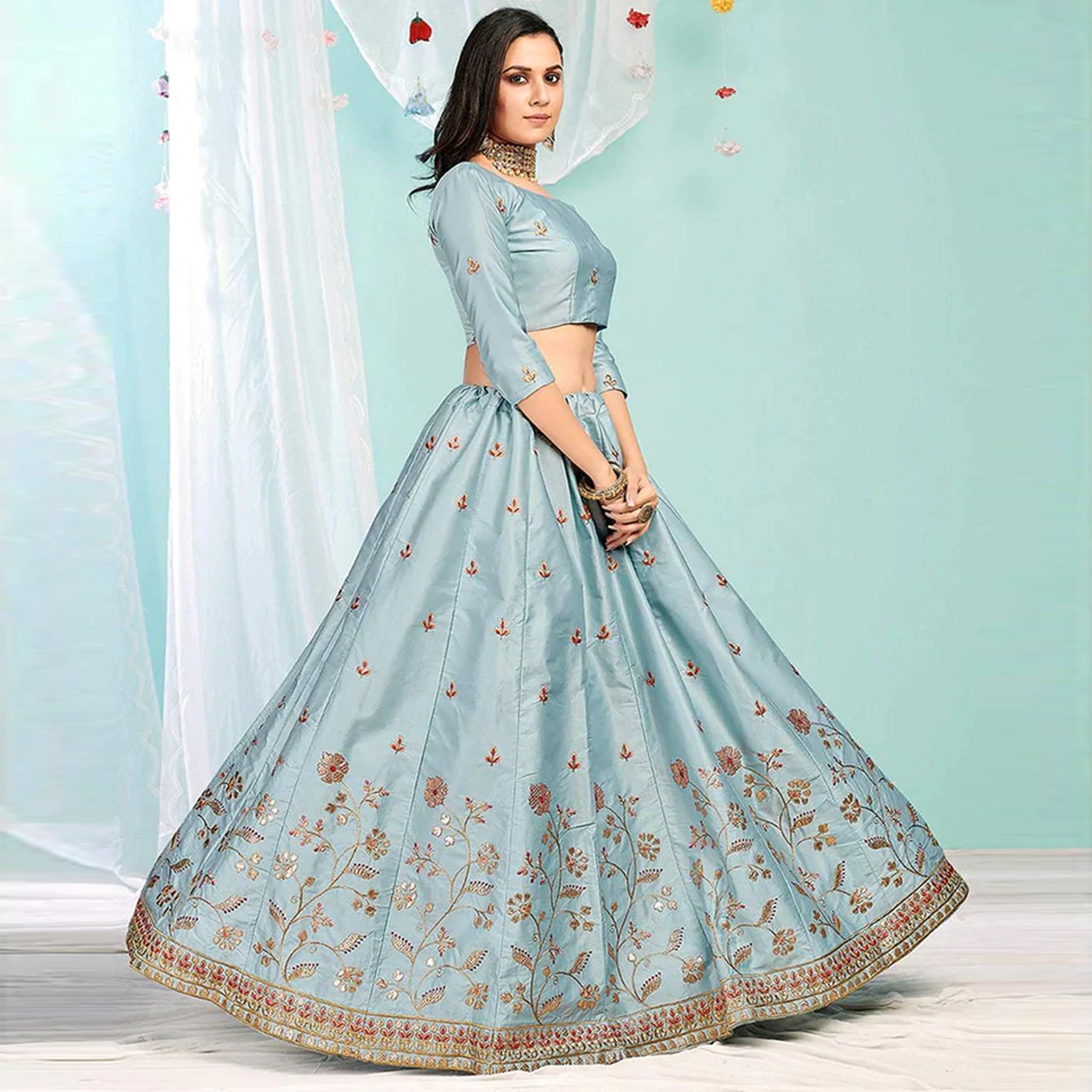 Cool Grey Gota Patti and Zari Stich Without can can work Lehenga choli