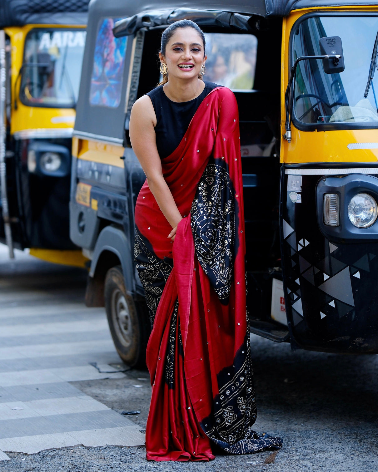 Women s ruby red pure modal silk saree with black folk art border traditional tribal print designer pallu