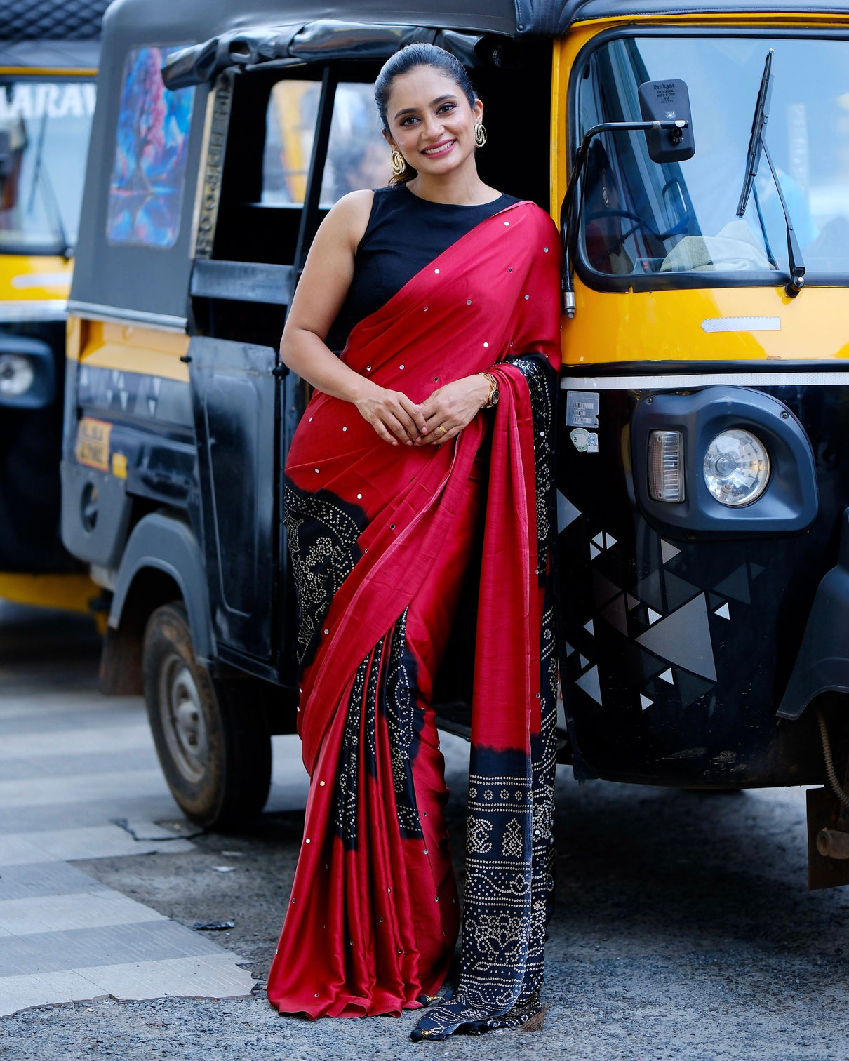 Women s ruby red pure modal silk saree with black folk art border traditional tribal print designer pallu