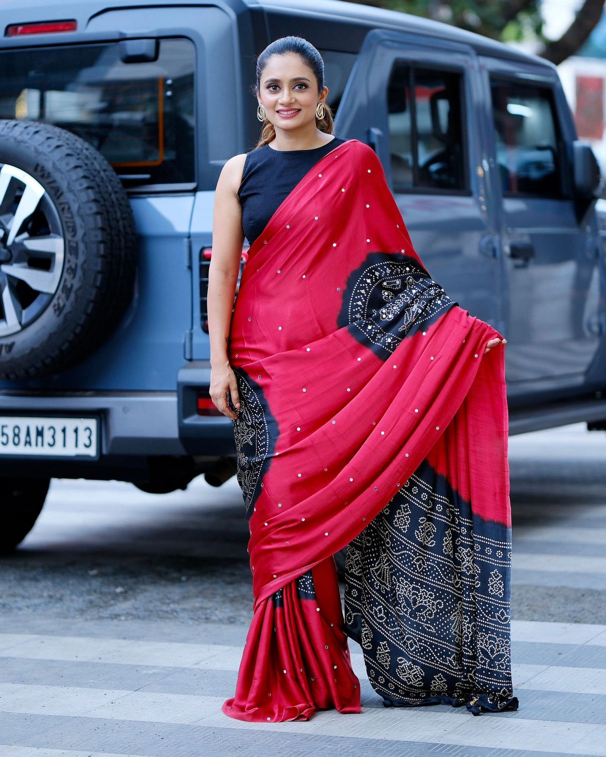 Women s ruby red pure modal silk saree with black folk art border traditional tribal print designer pallu mameraa