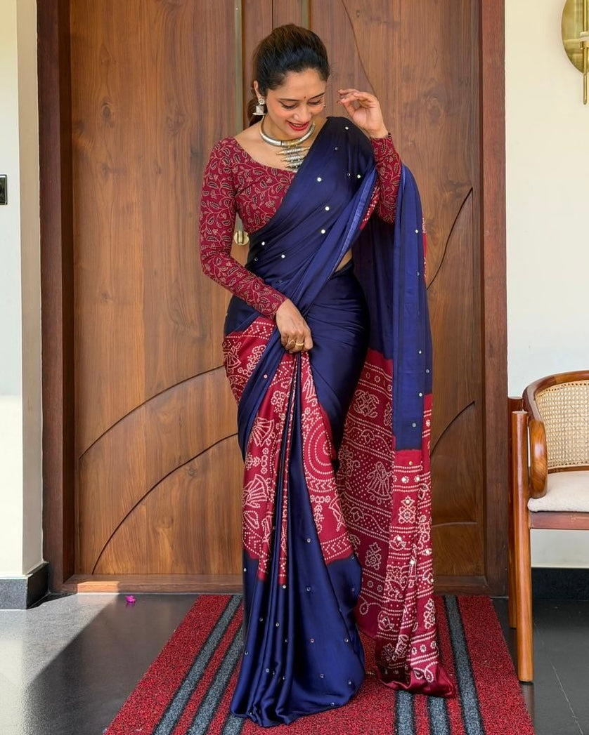 Women s royal navy blue pure modal silk saree with wine red folk art print heritage designer pallu