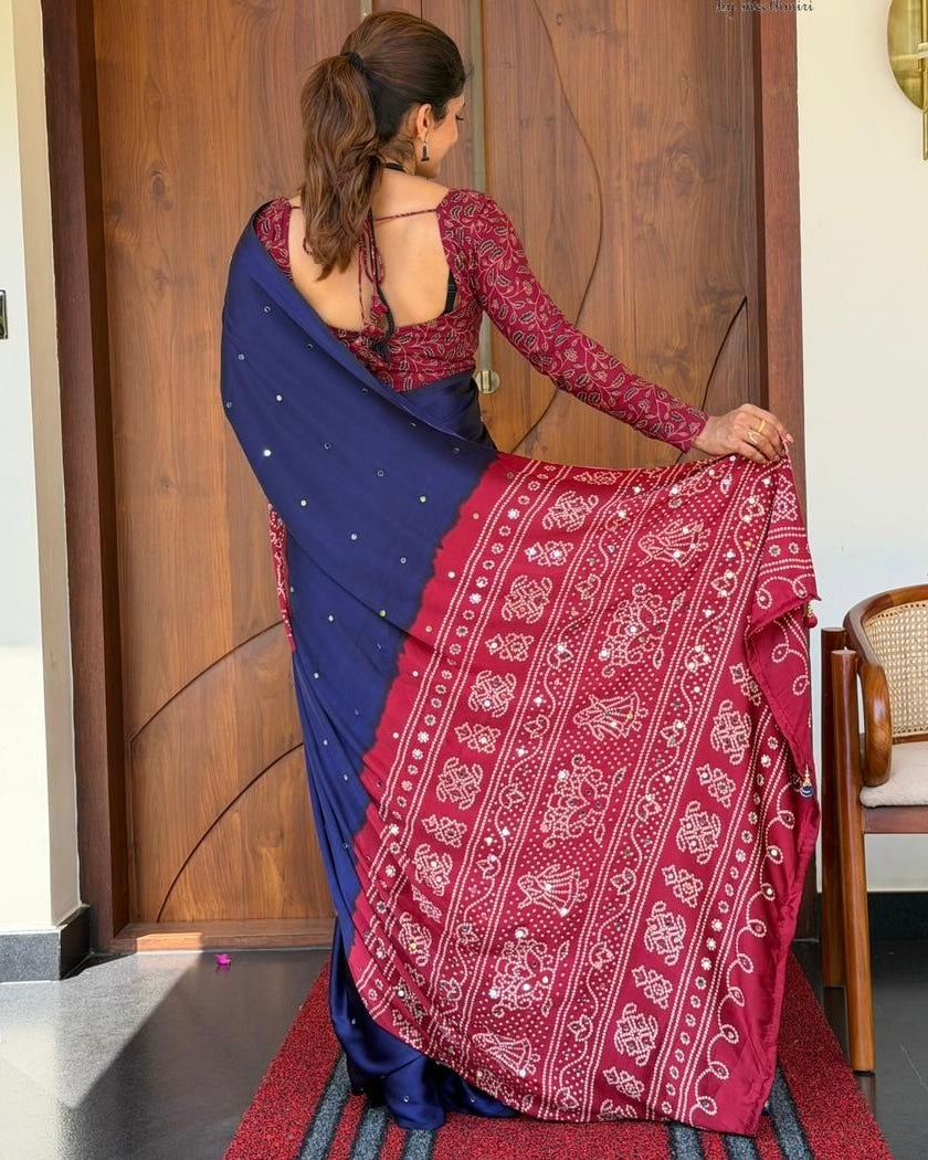 Women s royal navy blue pure modal silk saree with wine red folk art print heritage designer pallu