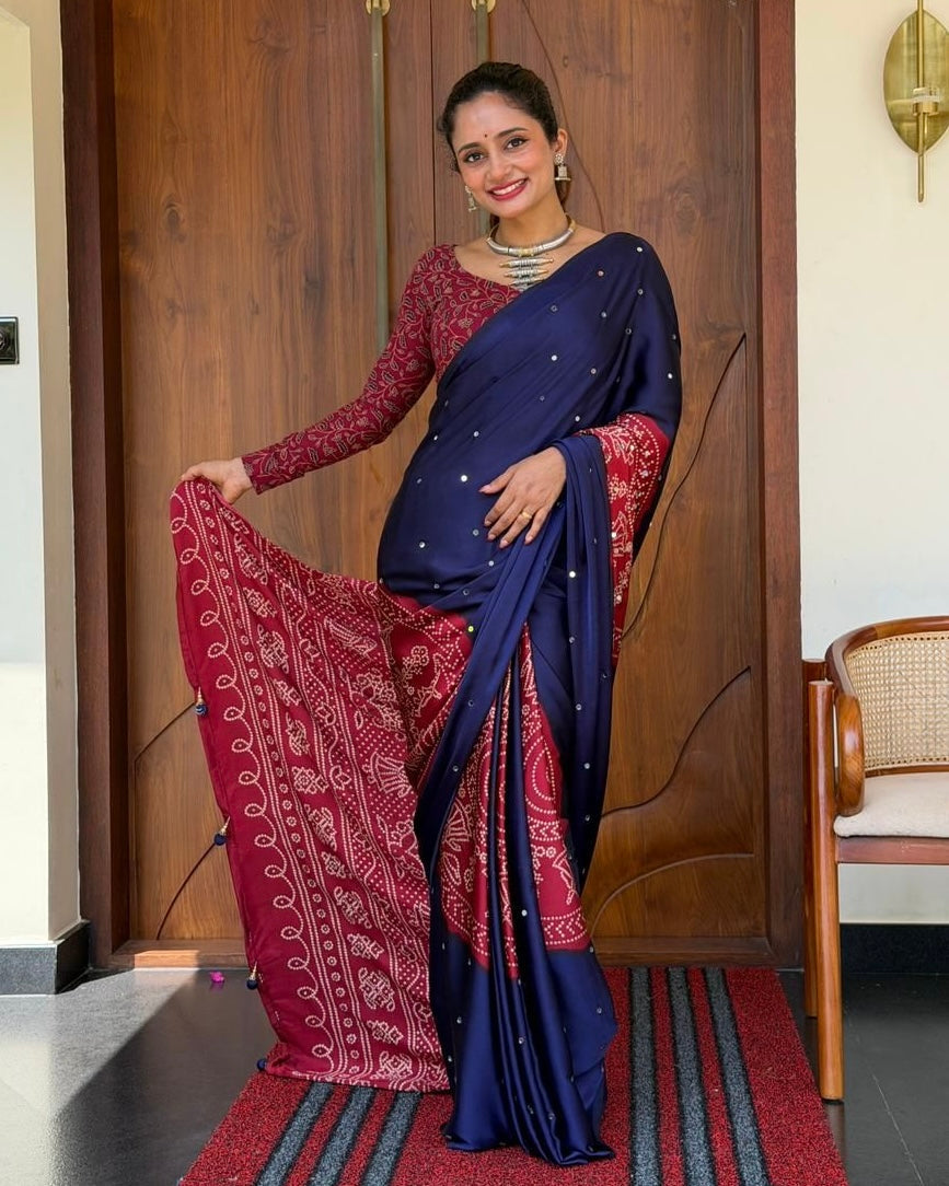 Women s royal navy blue pure modal silk saree with wine red folk art print heritage designer pallu