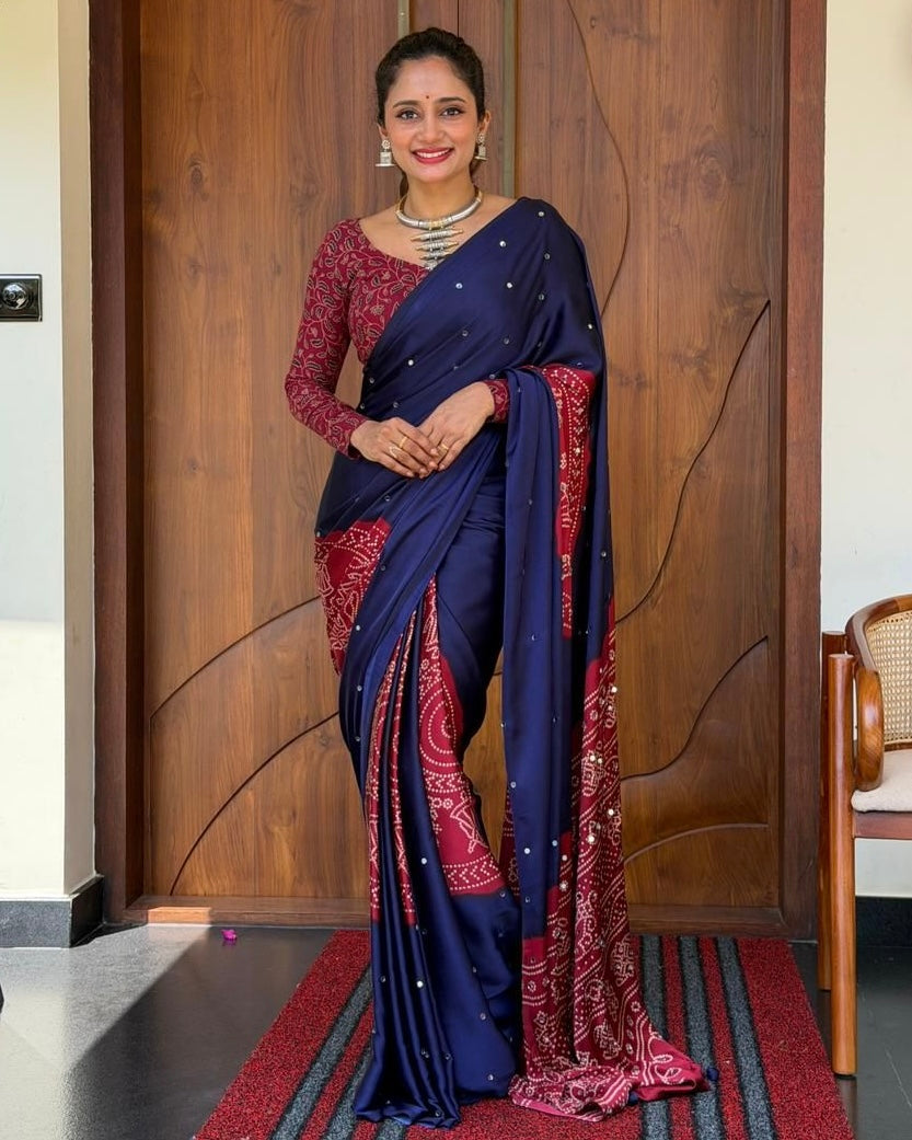 Women s royal navy blue pure modal silk saree with wine red folk art print heritage designer pallu mameraa