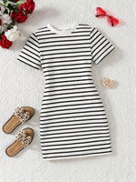 image, Girls Black &amp; White Striped Ribbed Bodycon Dress