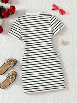 Girls Black & White Striped Bodycon Dress
