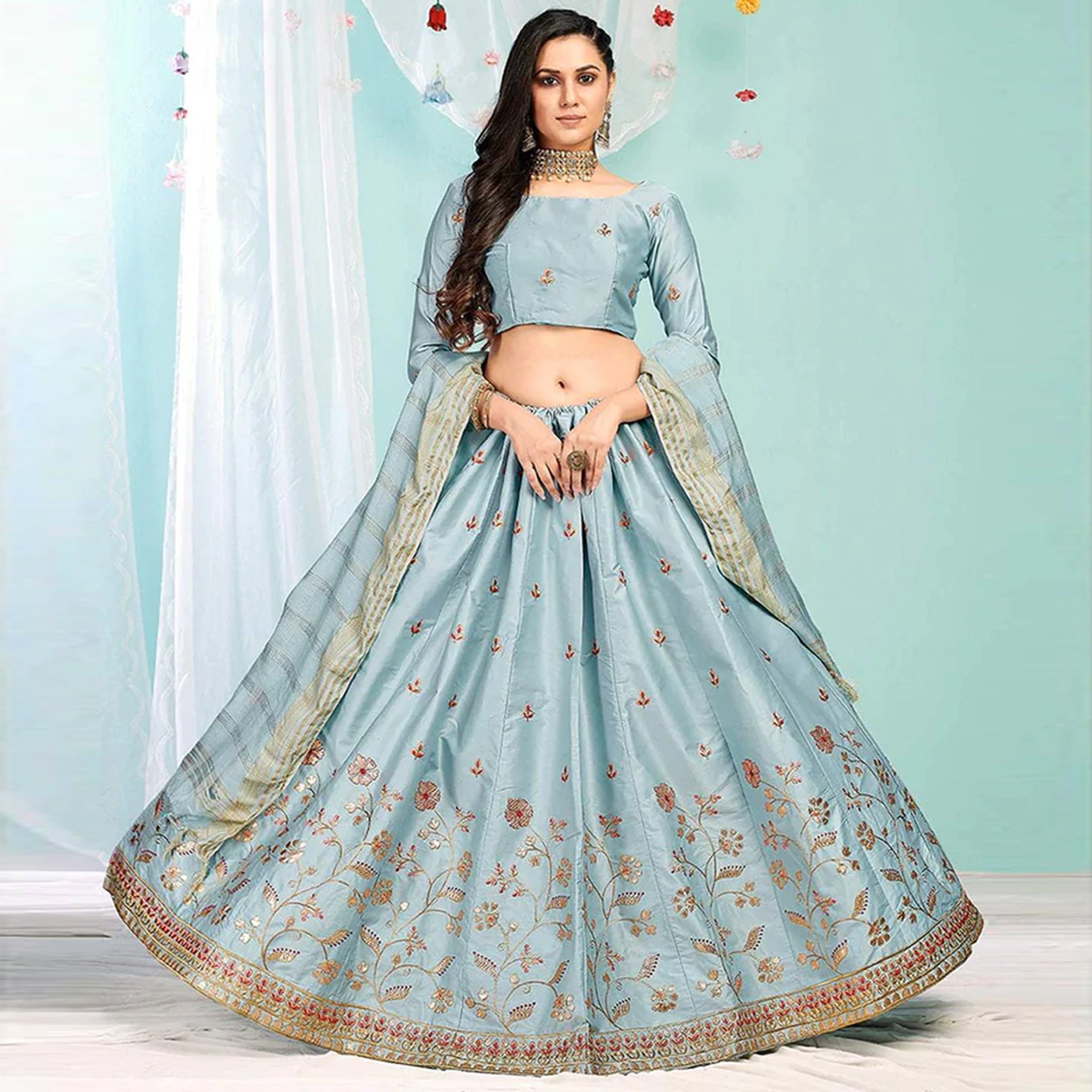 Cool Grey Gota Patti and Zari Stich Without can can work Lehenga choli