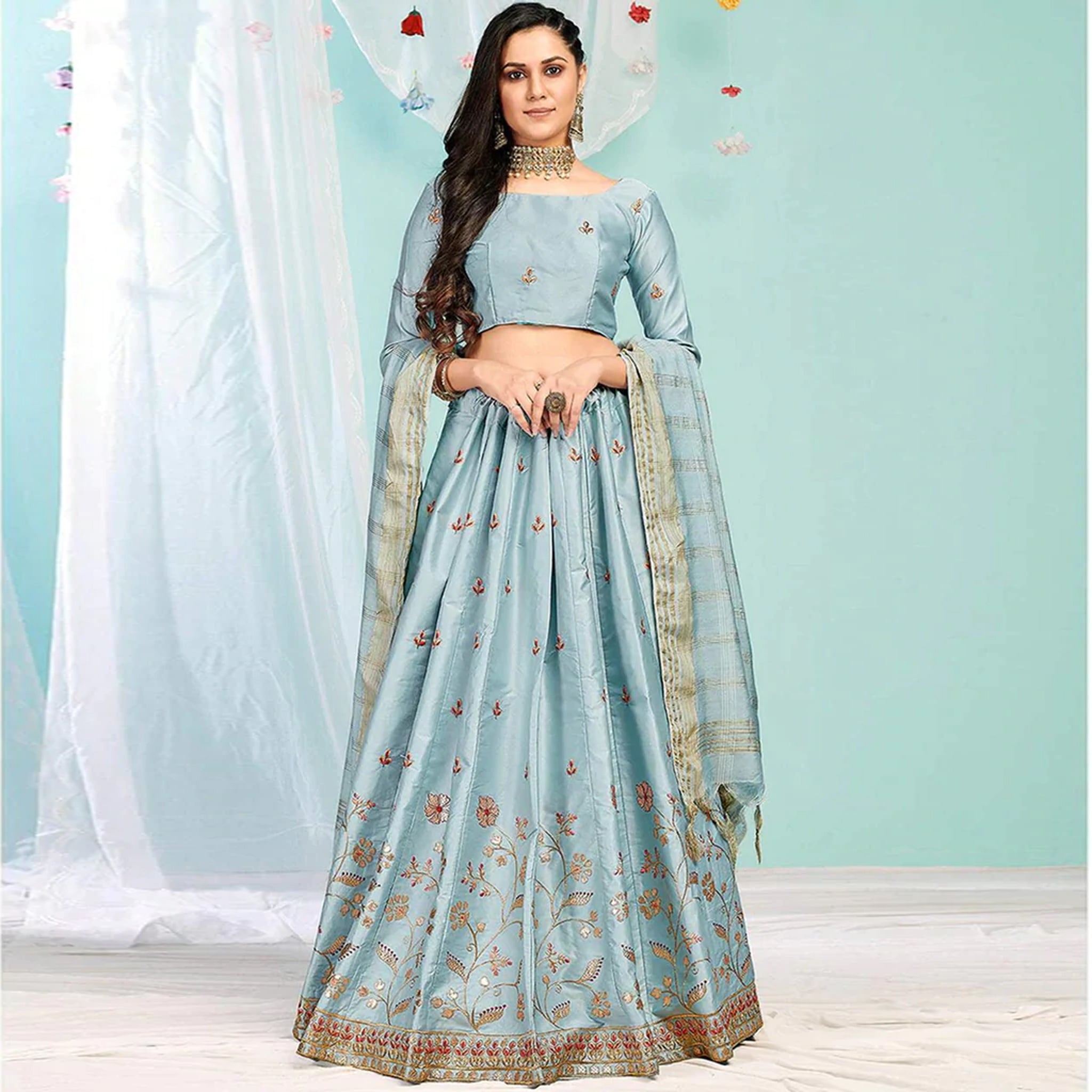 Cool Grey Gota Patti and Zari Stich Without can can work Lehenga choli