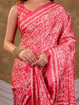 Coral Pink Pure Chinnon Batik Printed Saree with Foil Detailing, Designer Border, Tassel Edges & Matching Blouse Piece