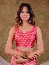Coral Pink Pure Chinnon Batik Printed Saree with Foil Detailing, Designer Border, Tassel Edges & Matching Blouse Piece