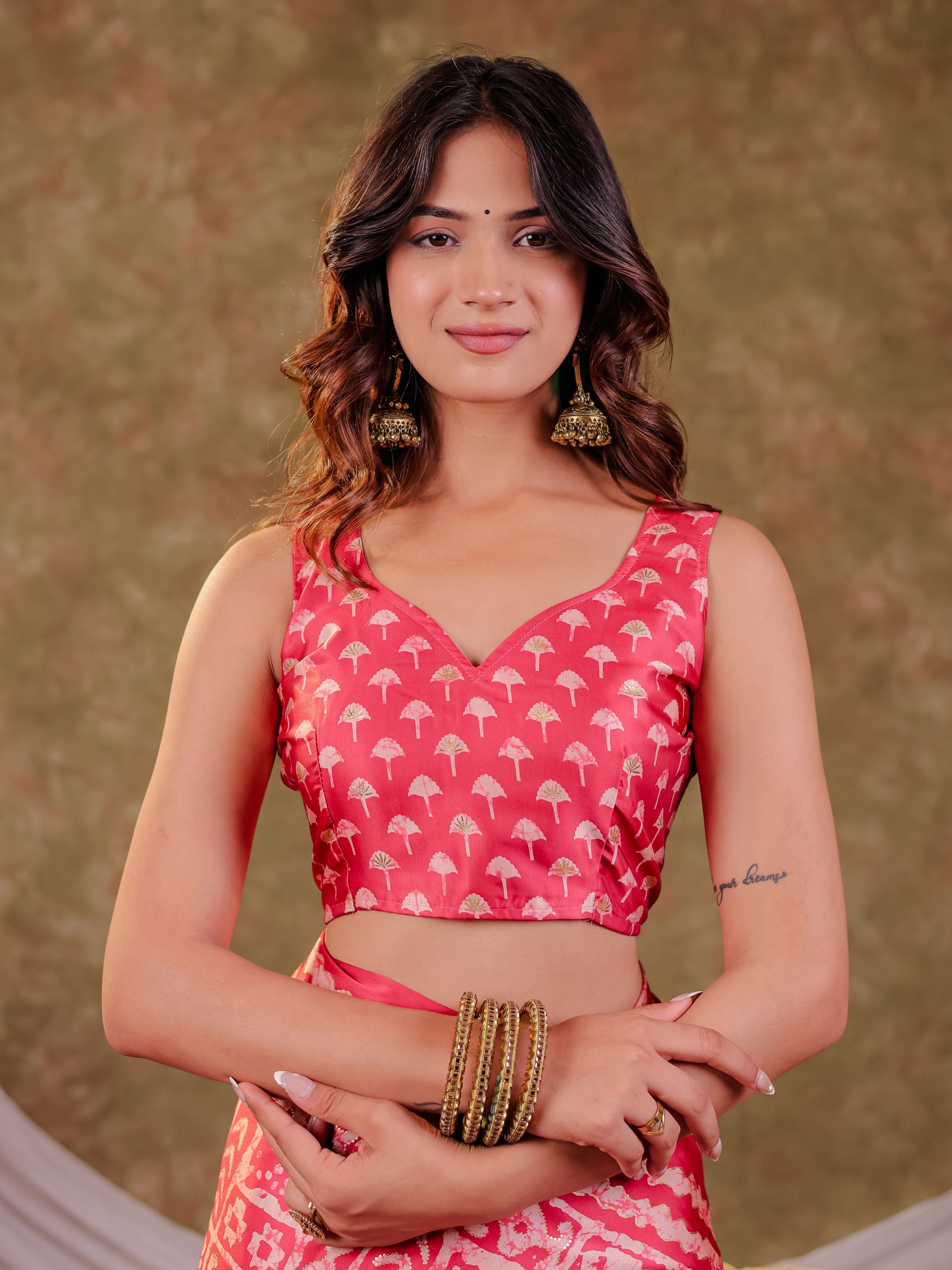 Coral Pink Pure Chinnon Batik Printed Saree with Foil Detailing, Designer Border, Tassel Edges & Matching Blouse Piece
