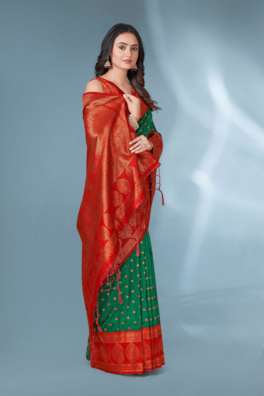 Green with red polka paithani silk contrast zari woven saree with unstitched blouse
