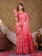 Coral Pink Pure Chinnon Batik Printed Saree with Foil Detailing, Designer Border, Tassel Edges & Matching Blouse Piece