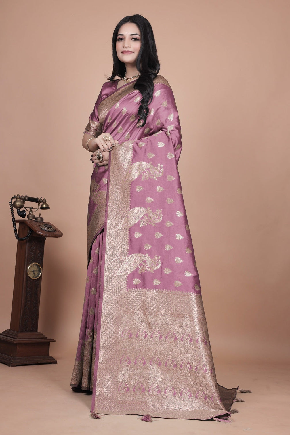 Classic Purple Banarasi Silk Saree with Gold Zari and Peacock Motif for Festive Wear