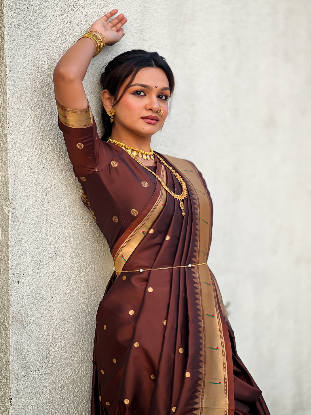 Coffee wedding special nauvari paithani soft silk saree with zari woven polka motifs and peacock pallu