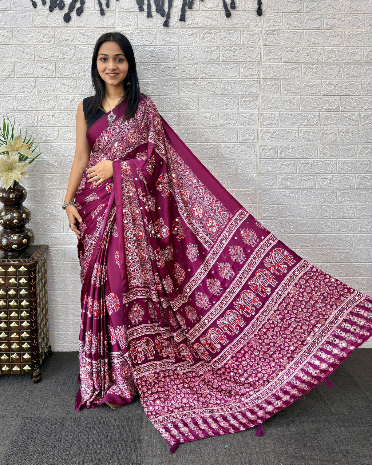 Plum purple modal silk saree with elephant motif print heritage designer pallu traditional festive wear saree mameraa