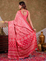 Coral Pink Pure Chinnon Batik Printed Saree with Foil Detailing, Designer Border, Tassel Edges & Matching Blouse Piece