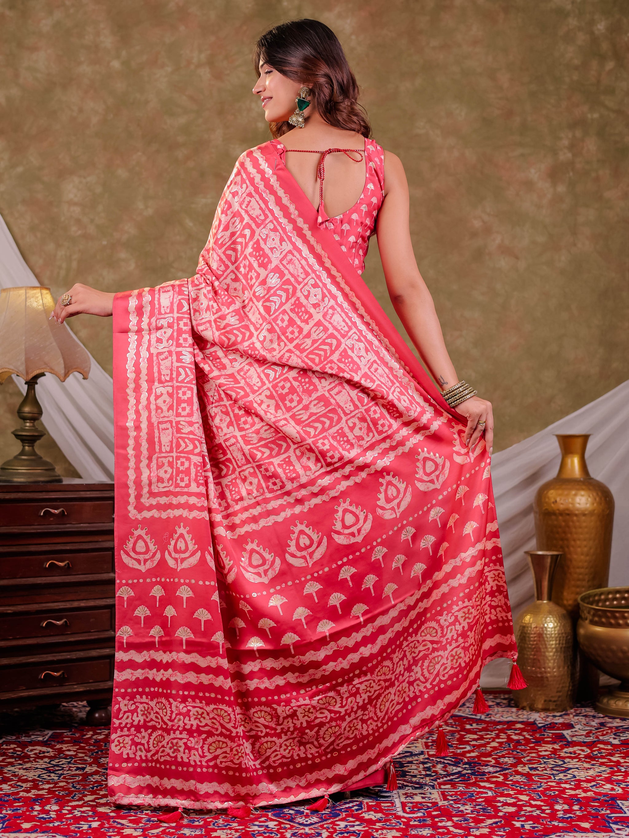 Coral Pink Pure Chinnon Batik Printed Saree with Foil Detailing, Designer Border, Tassel Edges & Matching Blouse Piece