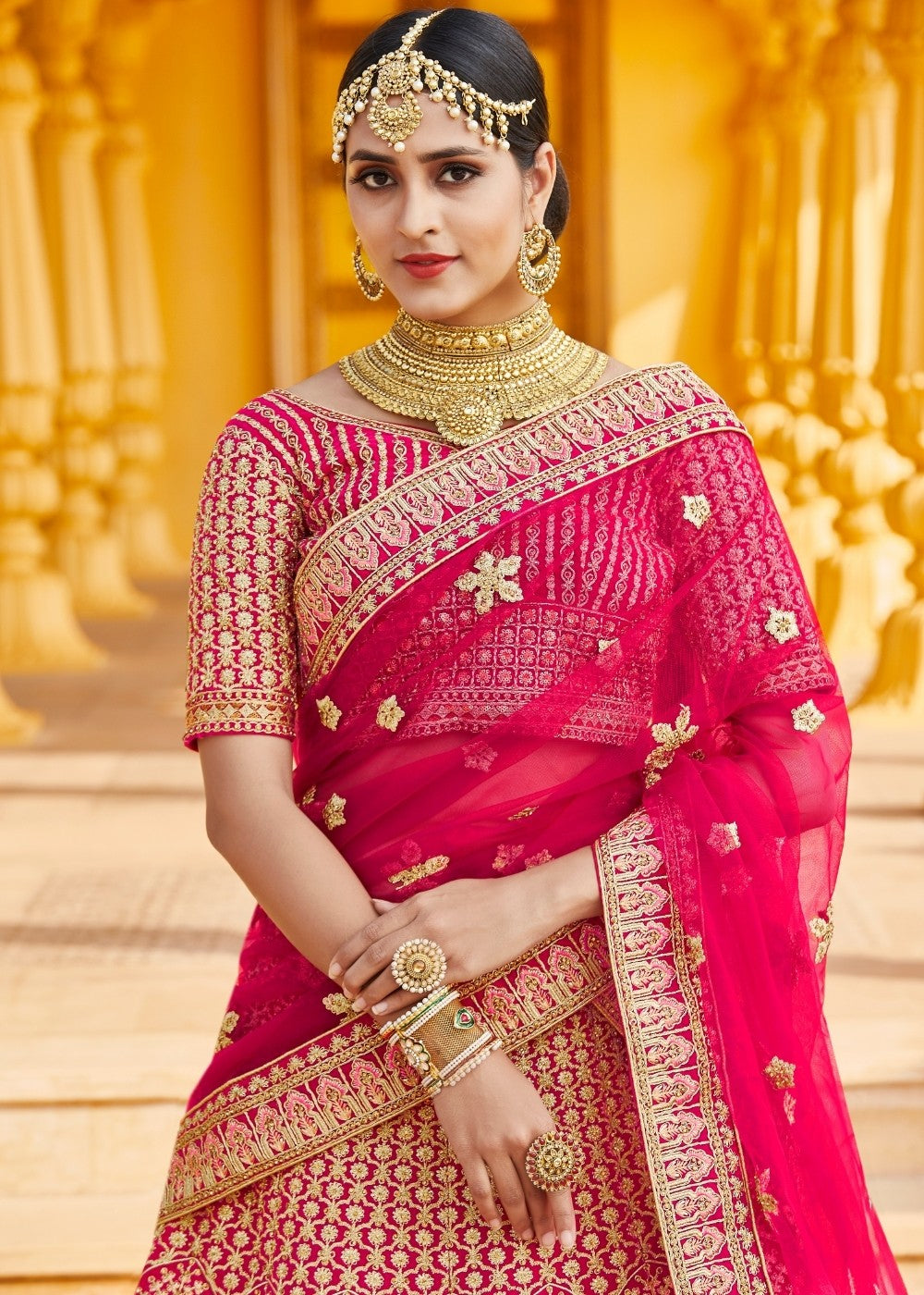 Rose Pink Velvet  Bridal Lehenga Choli with Embroidery & Hand work