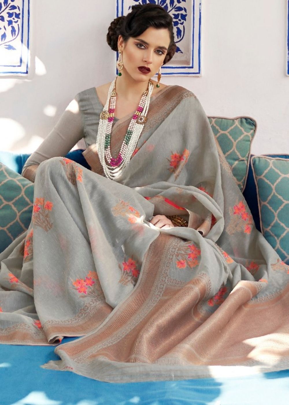 Metal Gray Linen Woven Silk Saree with Zari work on Border and Pallu