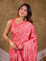 Coral Pink Pure Chinnon Batik Printed Saree with Foil Detailing, Designer Border, Tassel Edges & Matching Blouse Piece