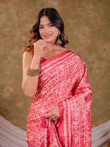 Coral Pink Pure Chinnon Batik Printed Saree with Foil Detailing, Designer Border, Tassel Edges & Matching Blouse Piece