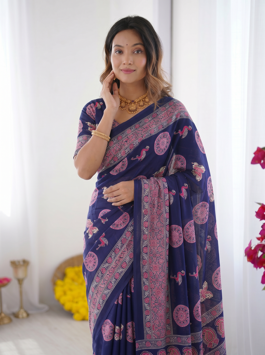 Navy blue modal silk saree with paisley circular motif print designer heritage pallu saree for festive wear