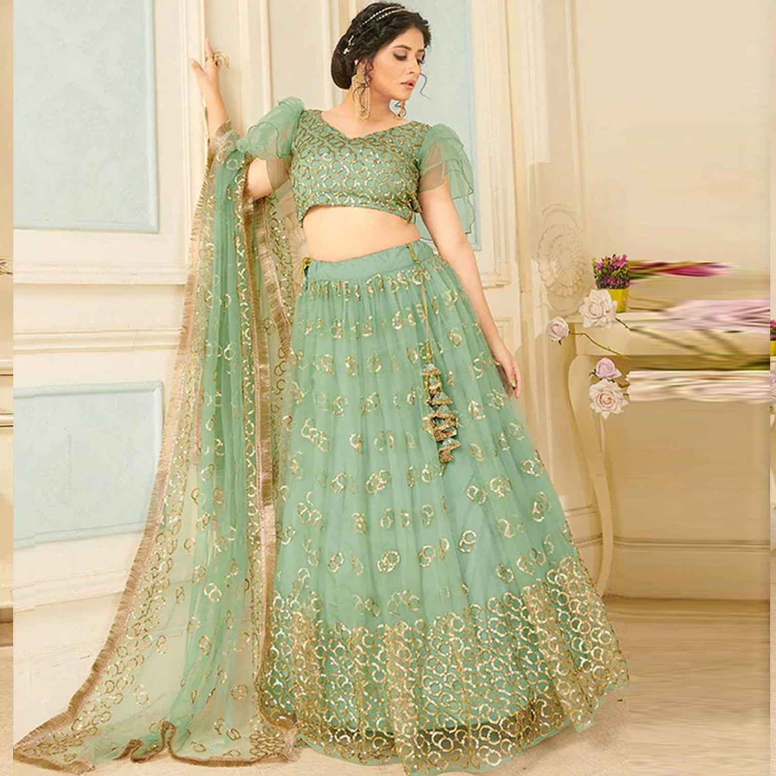 Soft Net Lehenga Choli with heavy sequins, Embroidery and Thread Work