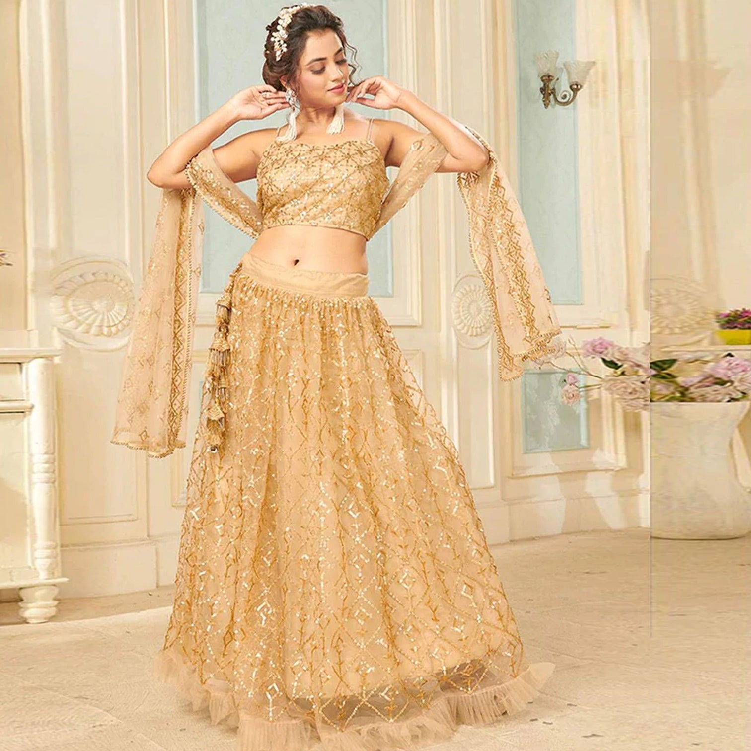 Soft Net Lehenga Choli with heavy sequins, Embroidery and Thread Work